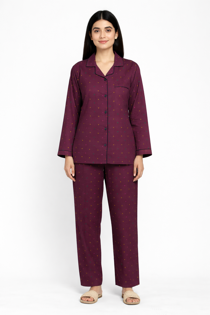 Wine Glass Print Long Sleeve Women's Night Suit