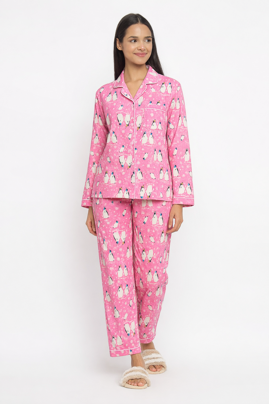 Bright Pink Penguin Cotton Flannel Long Sleeve Women's Night Suit