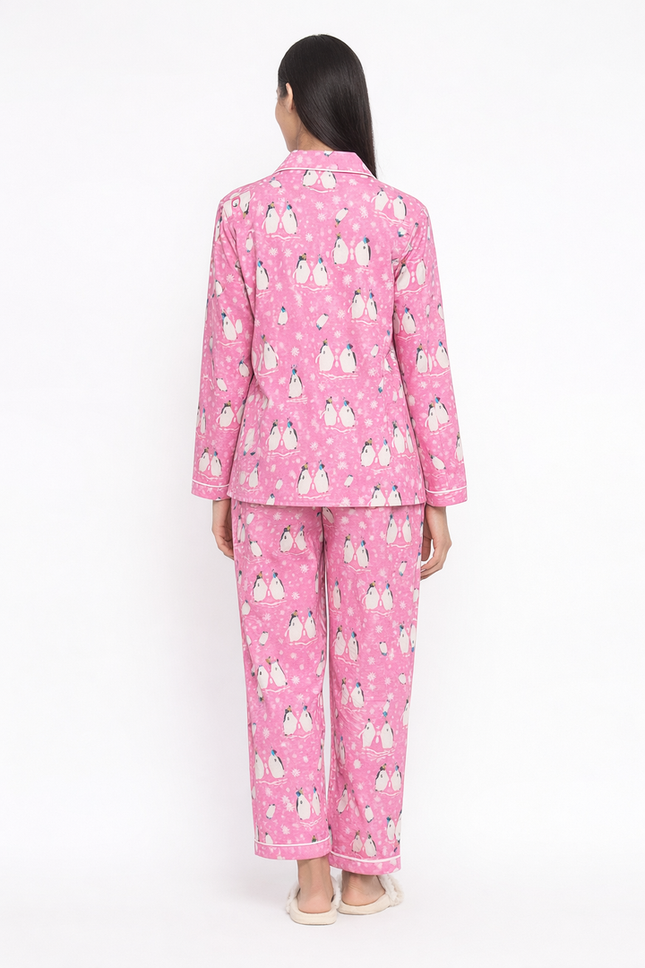 Bright Pink Penguin Cotton Flannel Long Sleeve Women's Night Suit