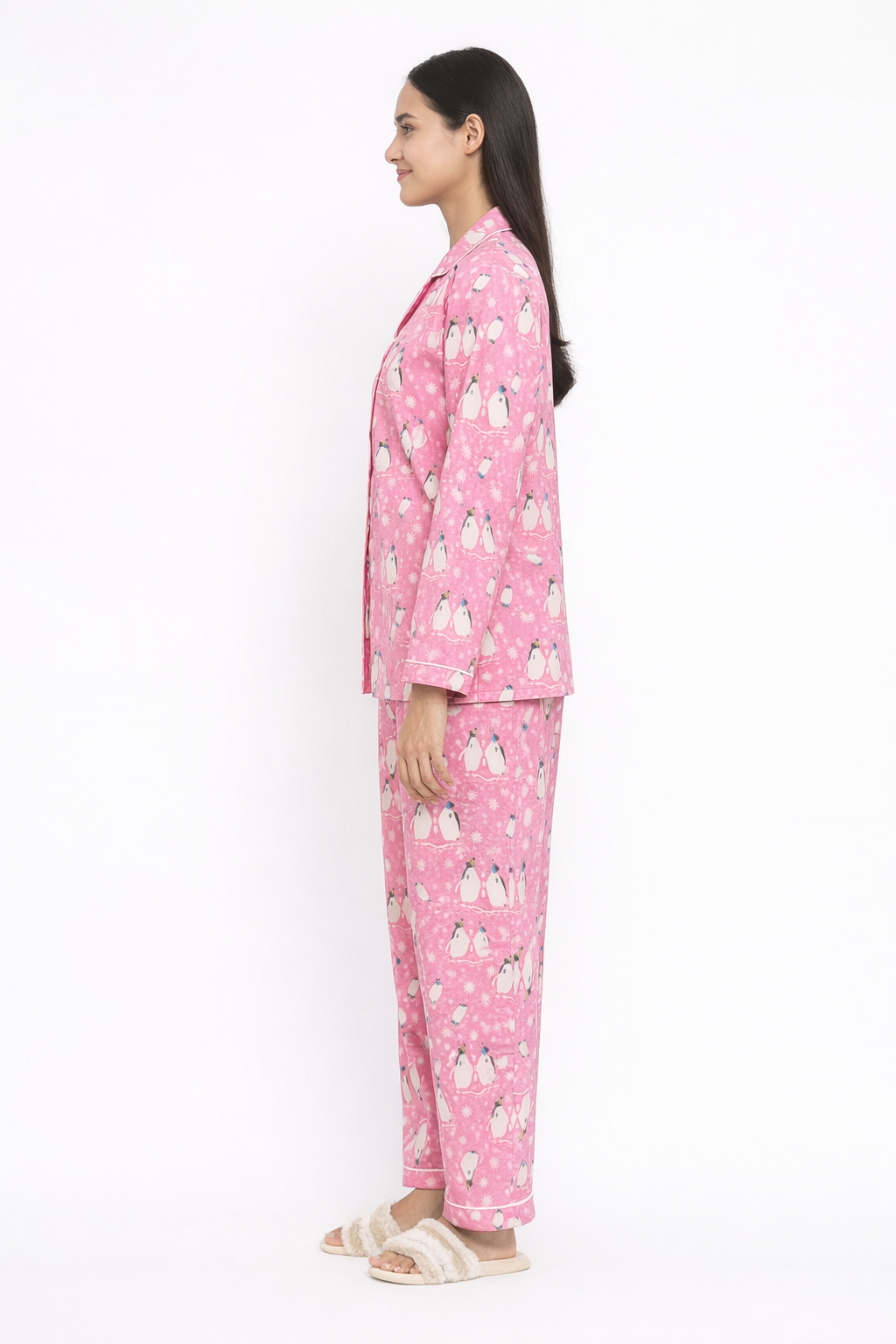 Bright Pink Penguin Cotton Flannel Long Sleeve Women's Night Suit