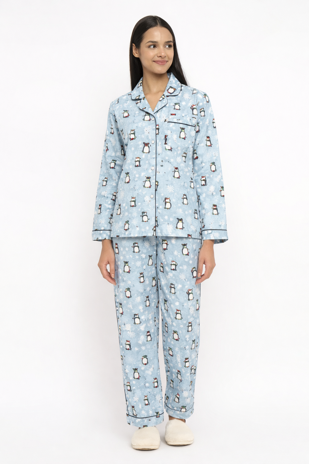 Frosty Penguin Cotton Flannel Long Sleeve Women's Night Suit