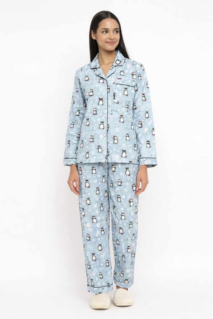 Frosty Penguin Cotton Flannel Long Sleeve Women's Night Suit