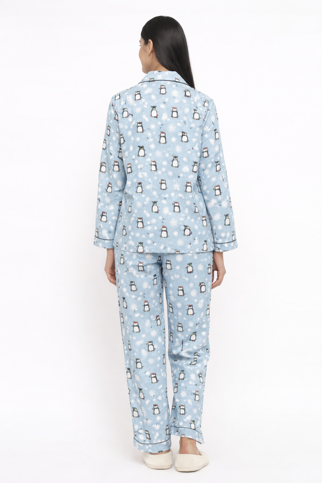 Frosty Penguin Cotton Flannel Long Sleeve Women's Night Suit