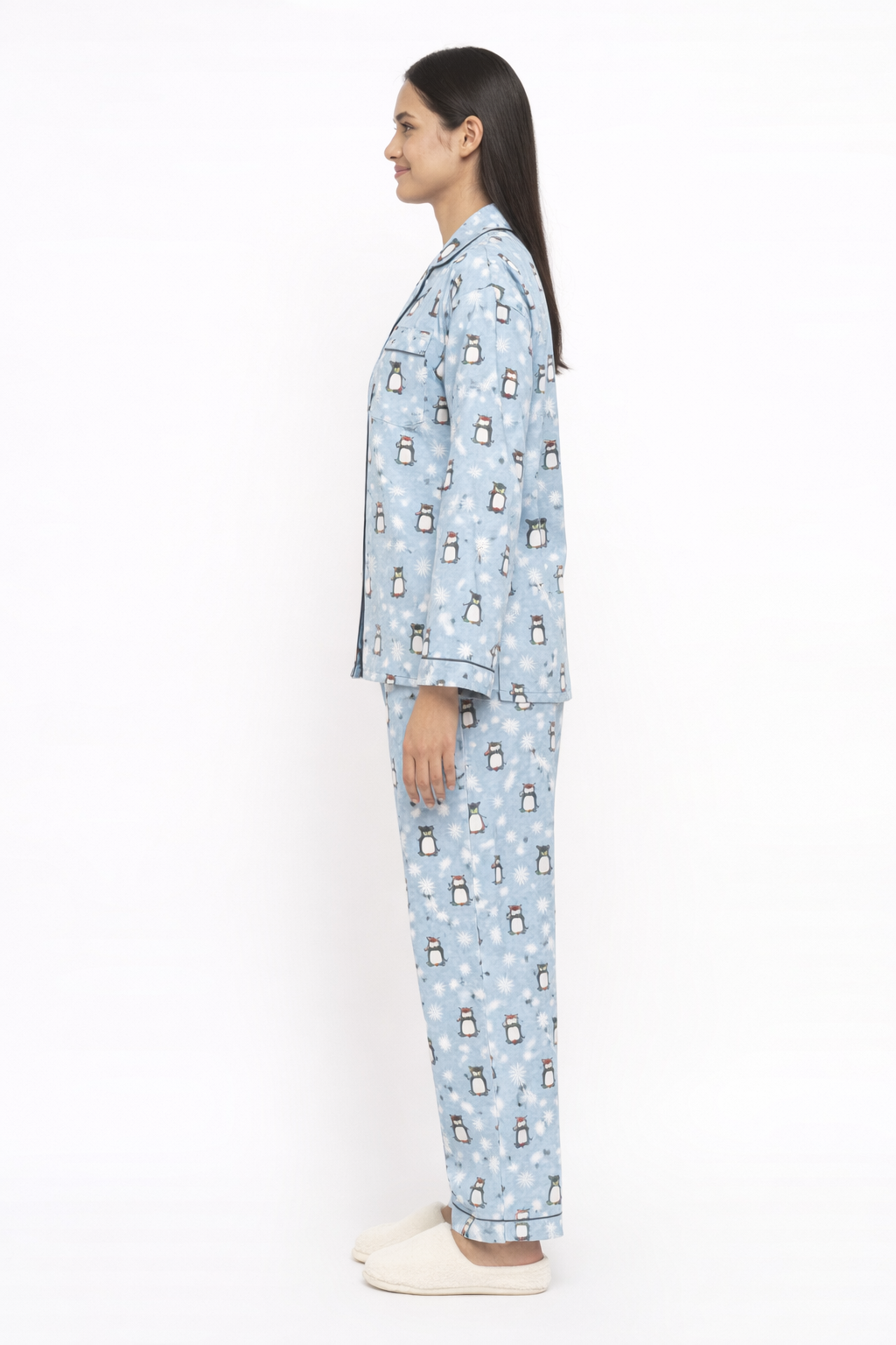 Frosty Penguin Cotton Flannel Long Sleeve Women's Night Suit