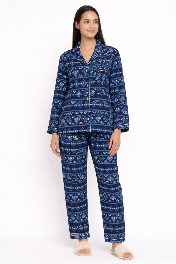 Chic Geometry Cotton Flannel Long Sleeve Women's Night Suit
