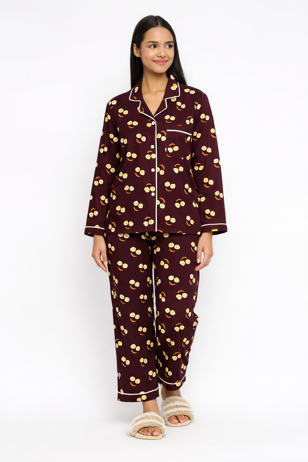 Sunny Side Up Cotton Flannel Long Sleeve Women's Night Suit