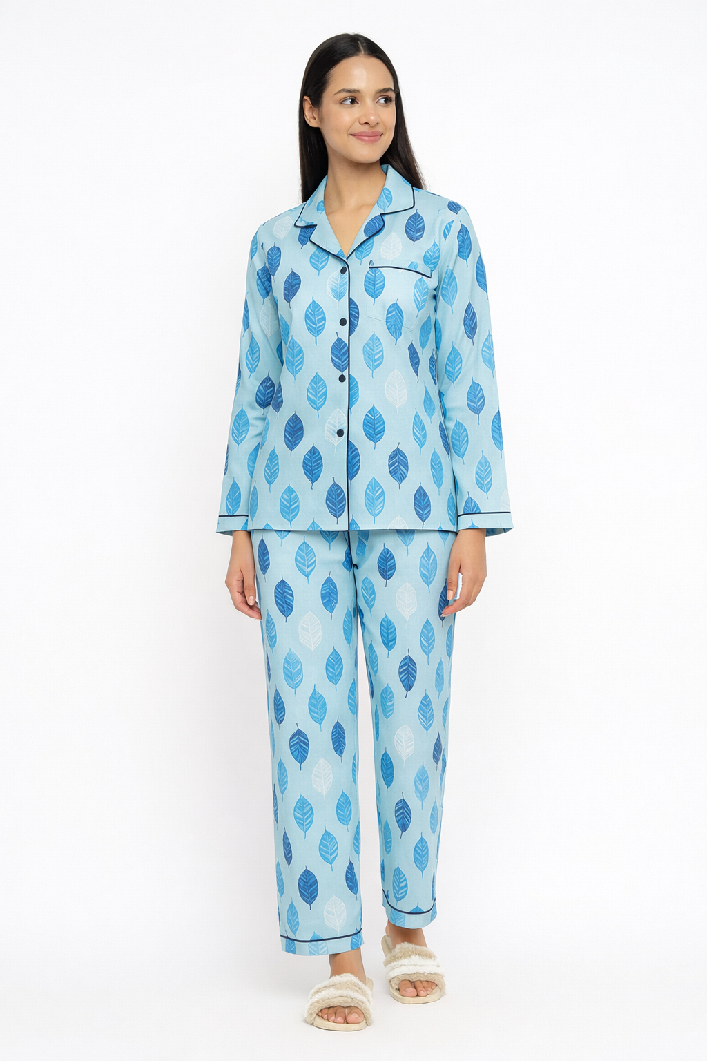 Blue Feather Cotton Flannel Long Sleeve Women's Night Suit