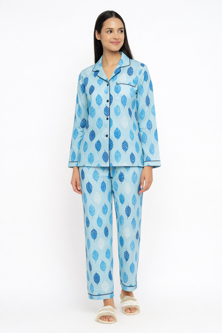 Blue Feather Cotton Flannel Long Sleeve Women's Night Suit