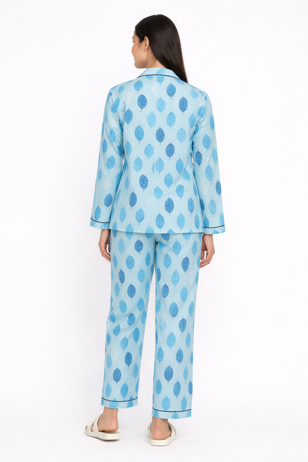 Blue Feather Cotton Flannel Long Sleeve Women's Night Suit