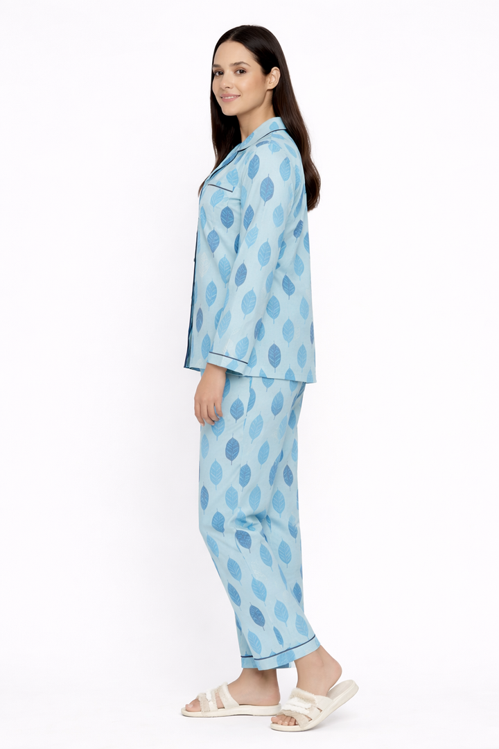 Blue Feather Cotton Flannel Long Sleeve Women's Night Suit