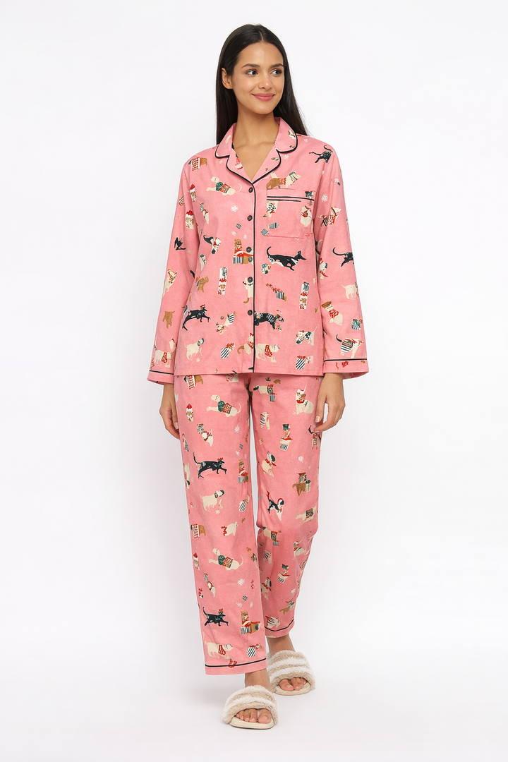 Pink Dogs Print Cotton Flannel Long Sleeve Women's Night Suit