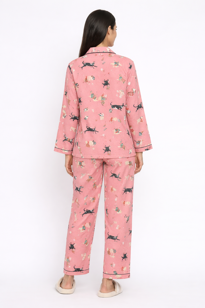 Pink Dogs Print Cotton Flannel Long Sleeve Women's Night Suit
