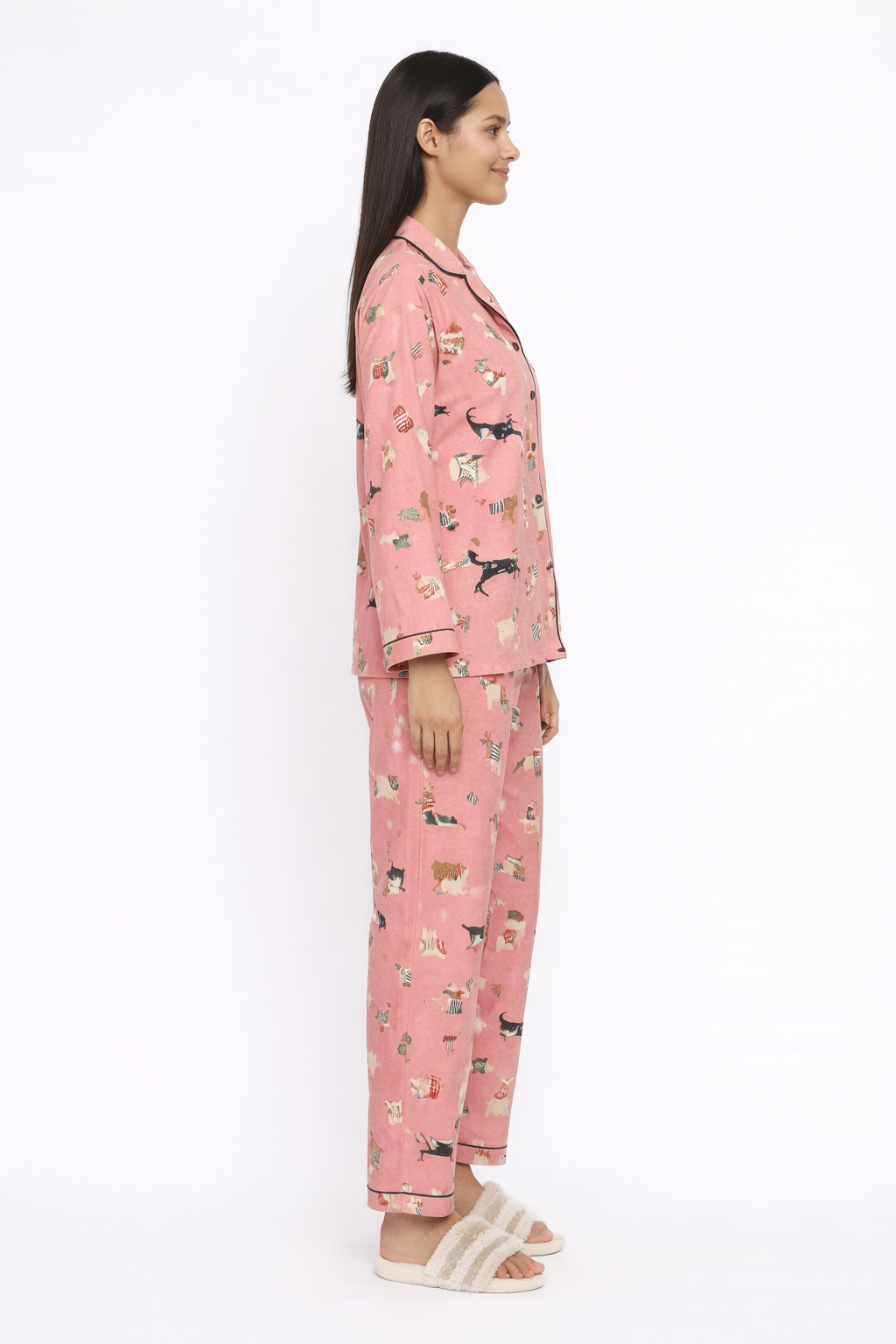 Pink Dogs Print Cotton Flannel Long Sleeve Women's Night Suit