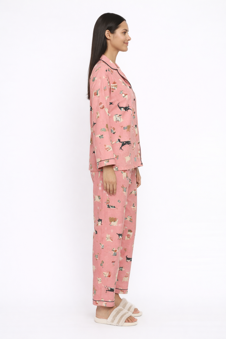 Pink Dogs Print Cotton Flannel Long Sleeve Women's Night Suit