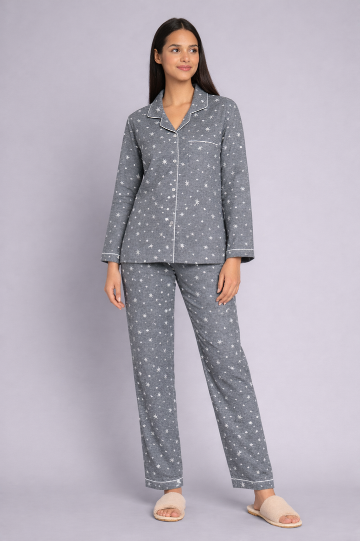 Grey Starry Nights Cotton Flannel Long Sleeve Women's Night Suit