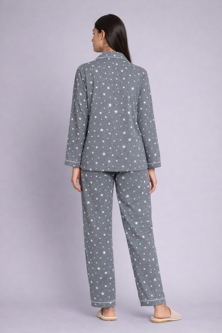 Grey Starry Nights Cotton Flannel Long Sleeve Women's Night Suit