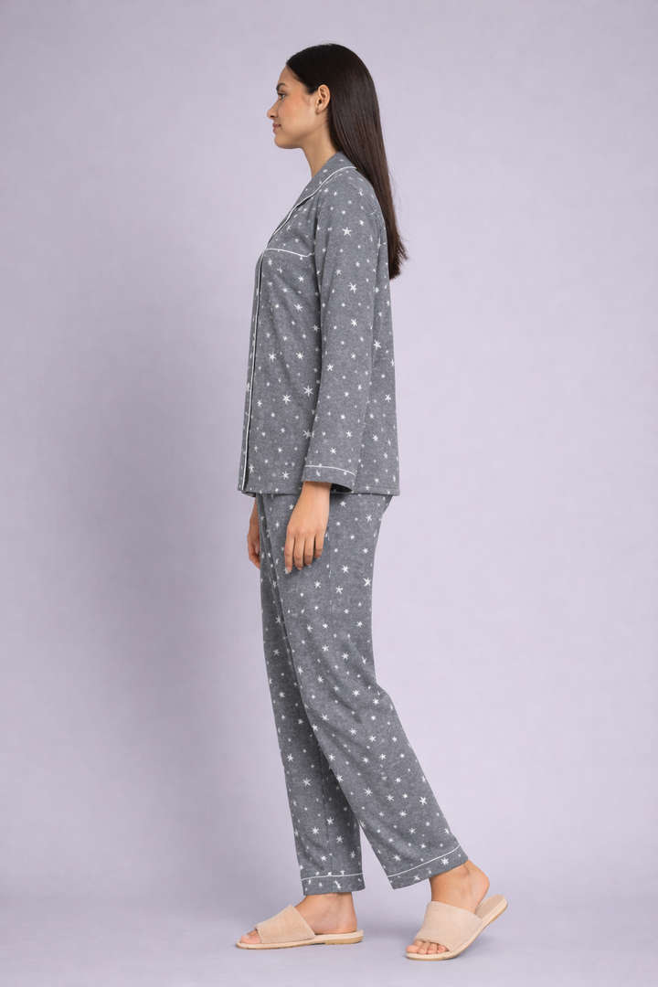 Grey Starry Nights Cotton Flannel Long Sleeve Women's Night Suit