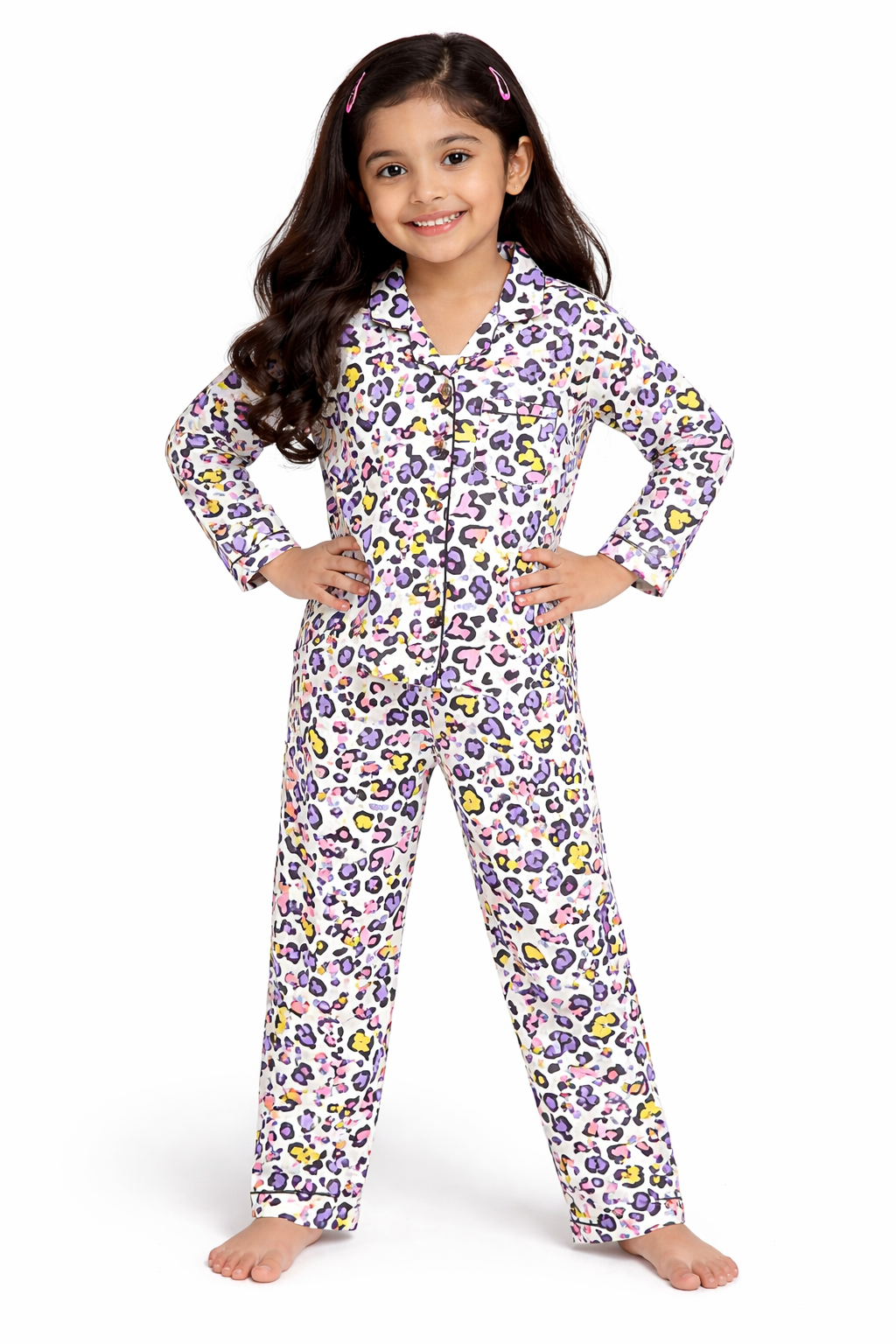 Little Hearts Print Long Sleeve Kids Night Suit