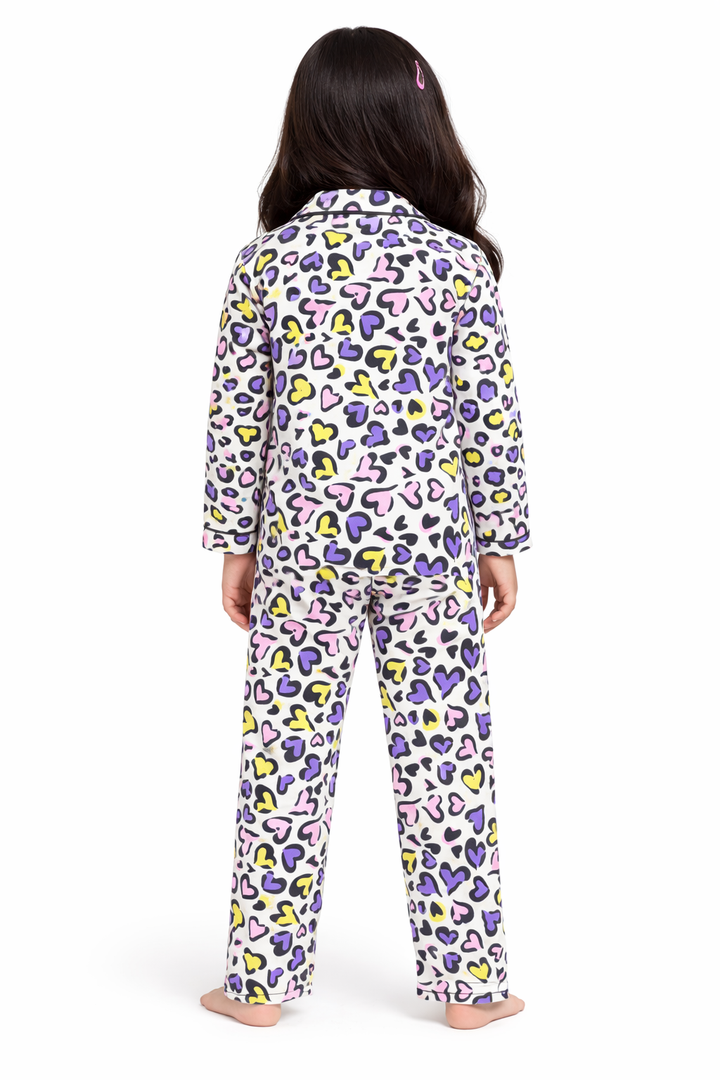 Little Hearts Print Long Sleeve Kids Night Suit