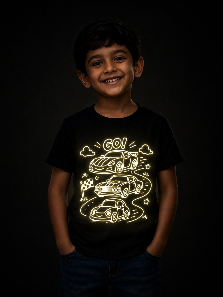 Racing Cars Glow In The Dark Print T-Shirt
