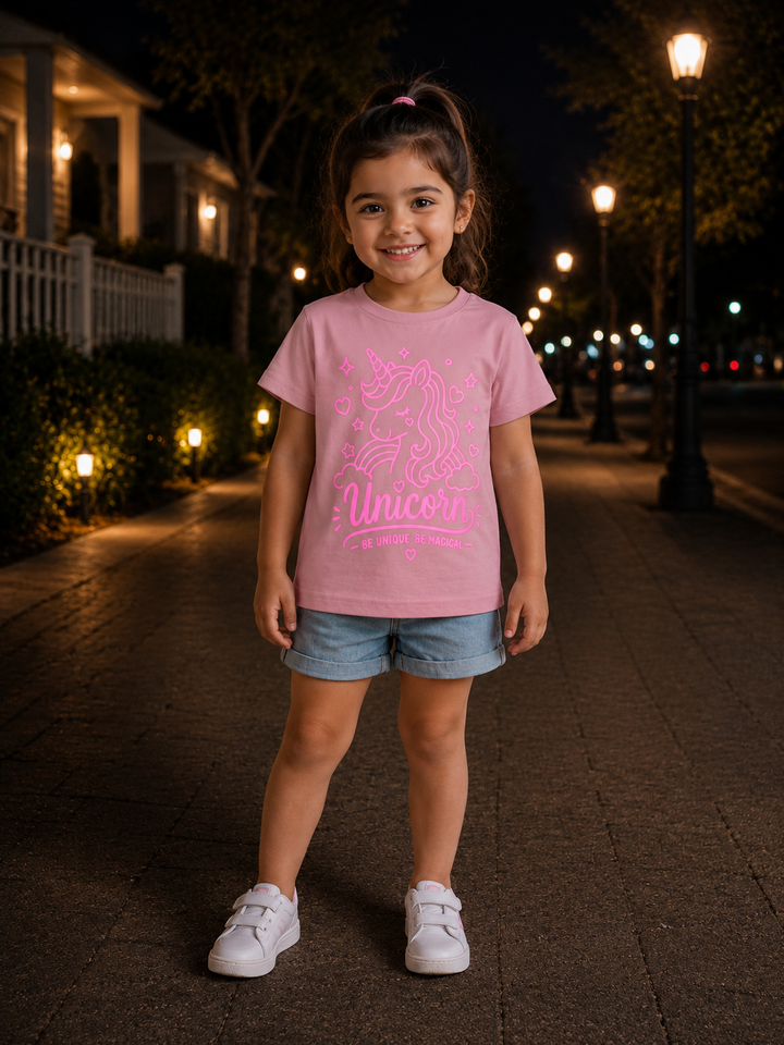 Pink Neon Glow Unicorn Cotton T-Shirt