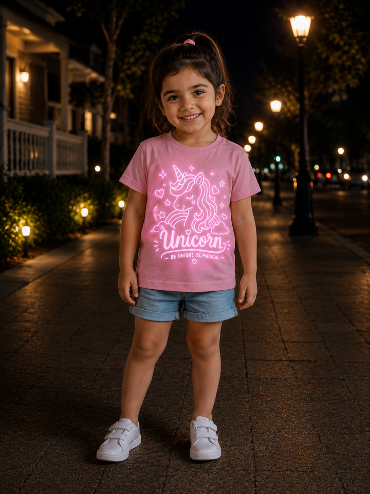 Pink Neon Glow Unicorn Cotton T-Shirt