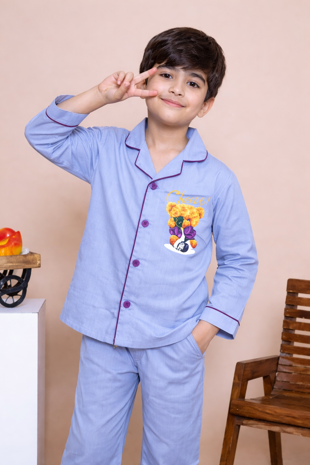 Say Cheese Print Long Sleeve Kids Night Suit