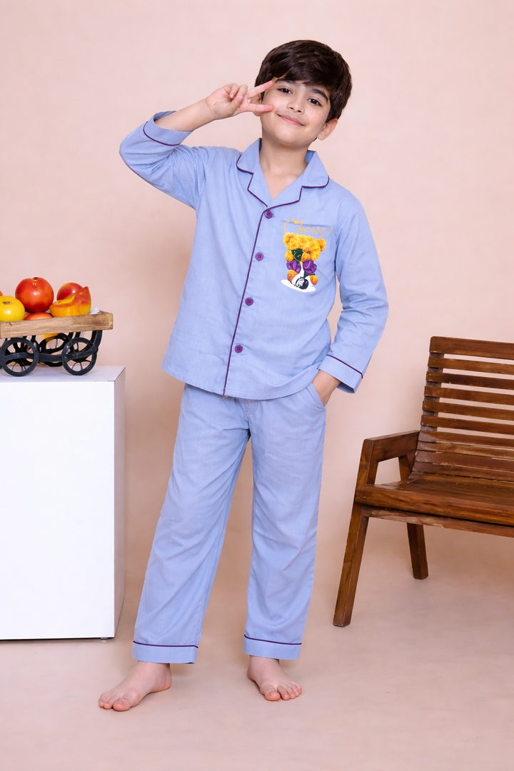 Say Cheese Print Long Sleeve Kids Night Suit