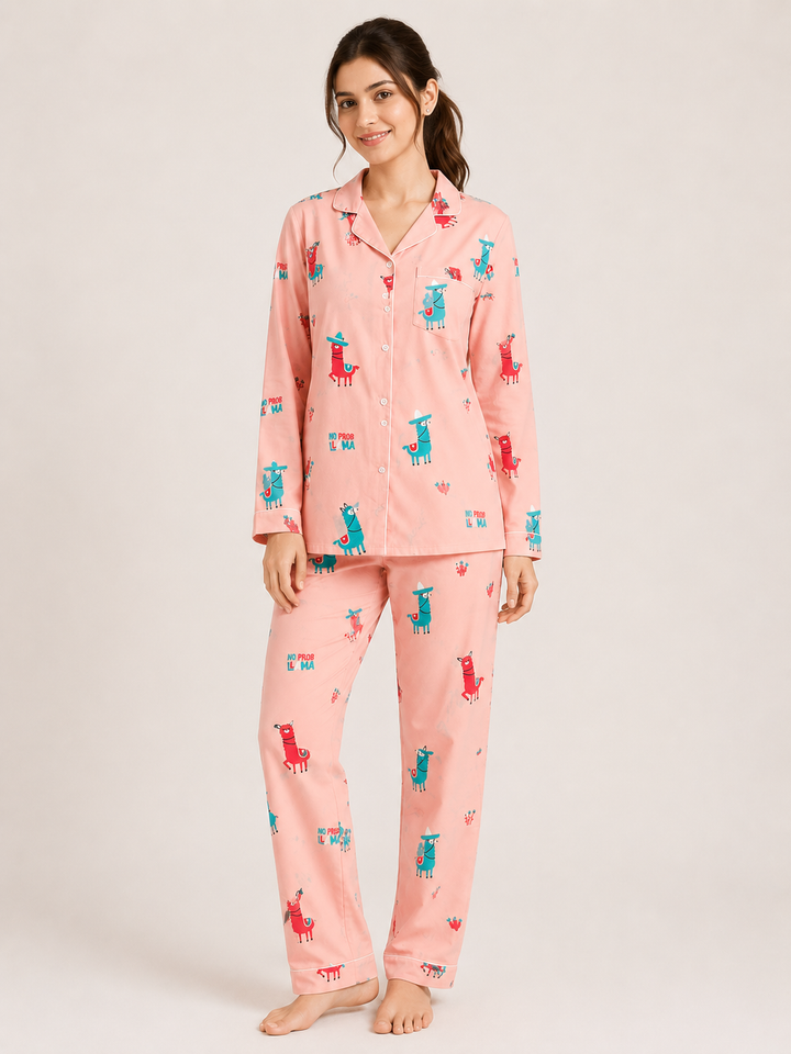 Cute Llama Print Pink Long Sleeve Women's Night Suit