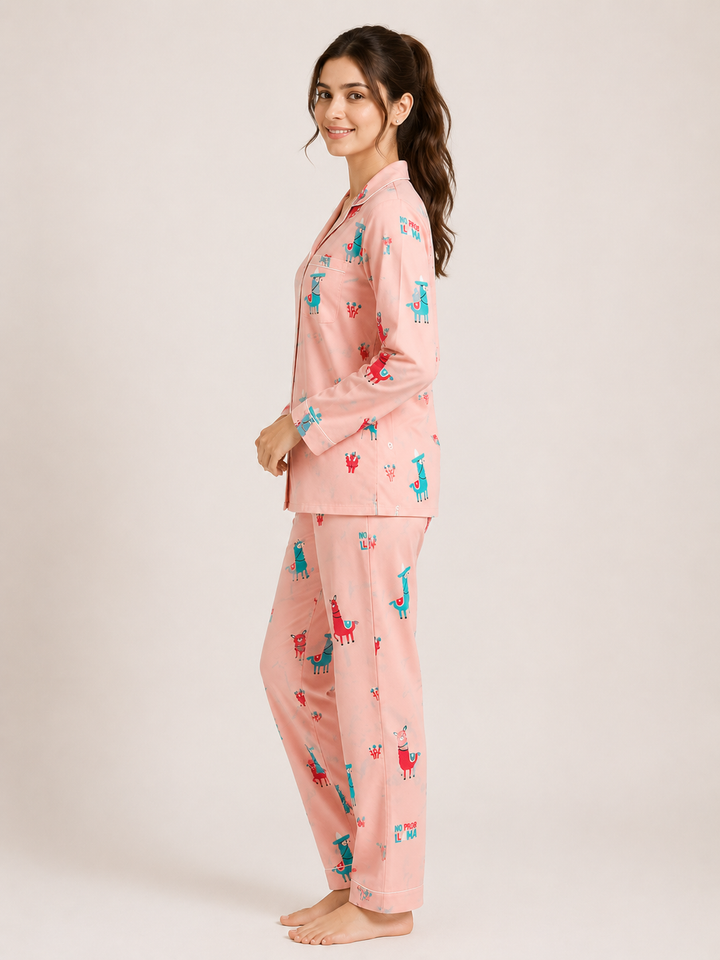 Cute Llama Print Pink Long Sleeve Women's Night Suit