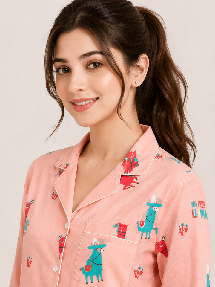 Cute Llama Print Pink Long Sleeve Women's Night Suit