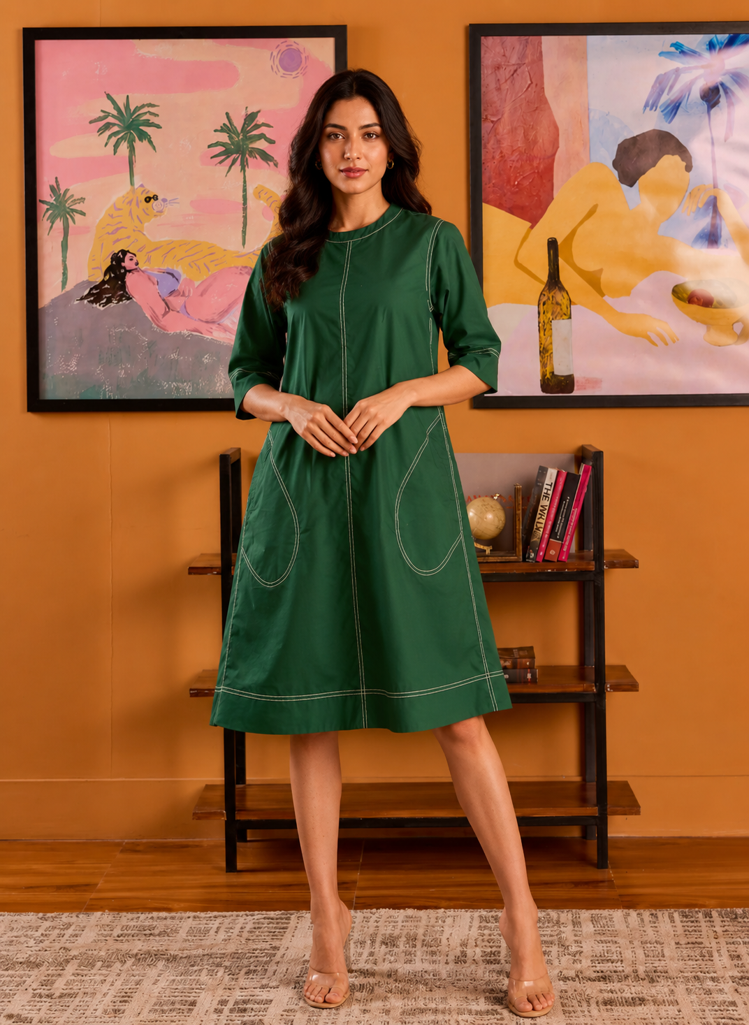 Contrast Stitching Cotton Green Poplin Dress with Pockets