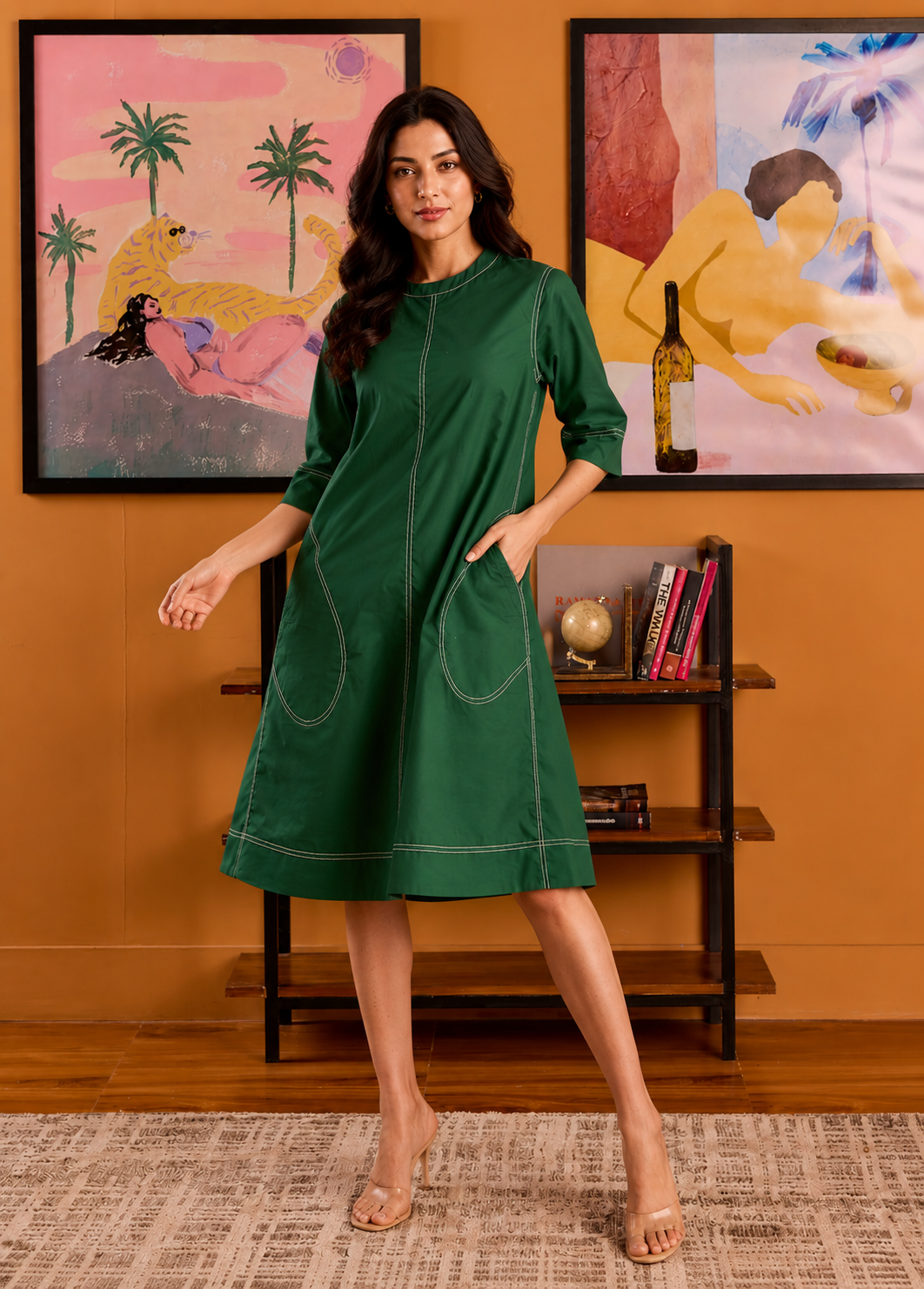 Contrast Stitching Cotton Green Poplin Dress with Pockets