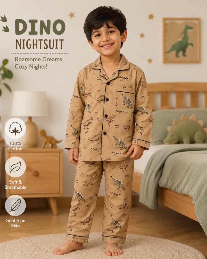 Sleepy Dino Trails Print Long Sleeve Kids Night Suit