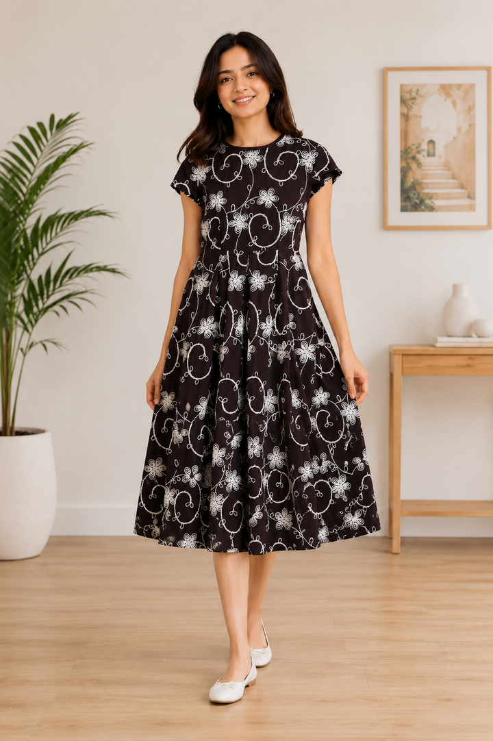 Elegant Black Floral Twirl Dress