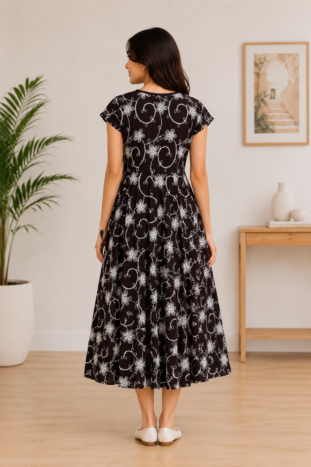 Elegant Black Floral Twirl Dress