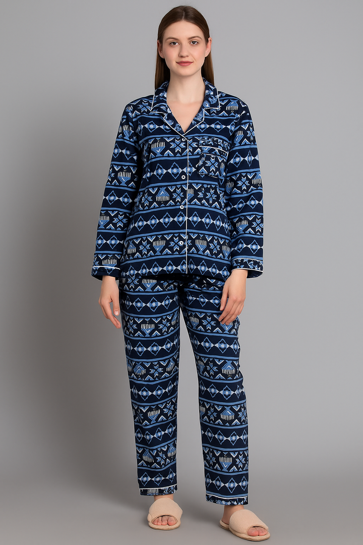 Chic Geometry Cotton Flannel Long Sleeve Women's Night Suit