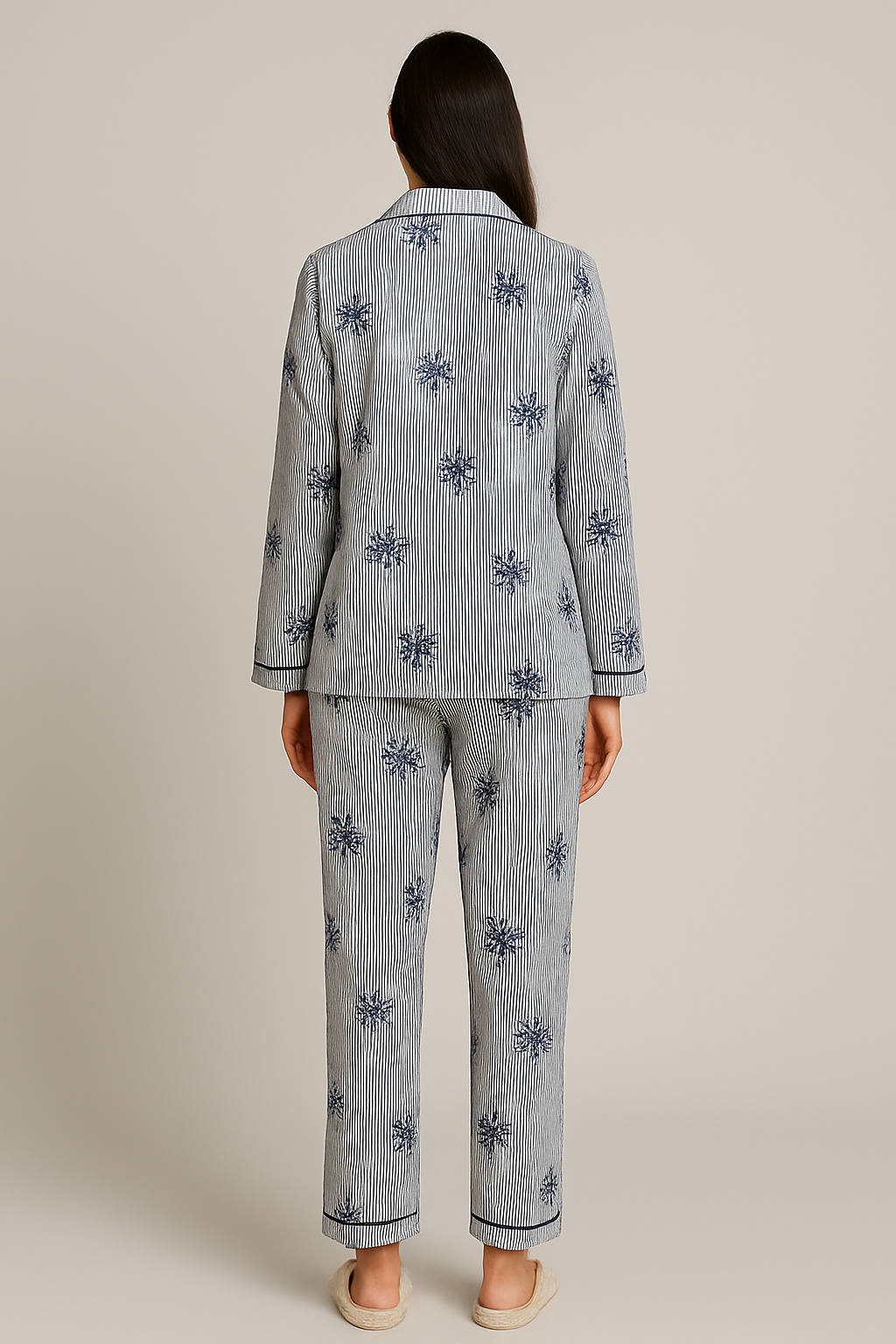 Snowflake and Stripe Cotton Flannel Long Sleeve Women's Night Suit