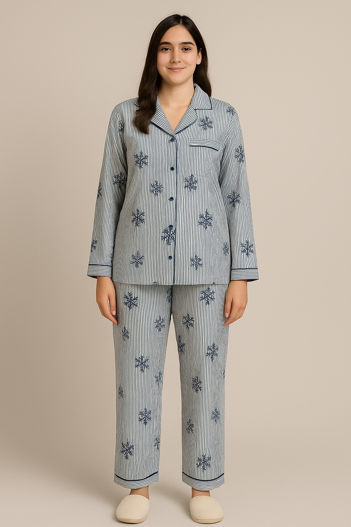 Snowflake and Stripe Cotton Flannel Long Sleeve Women's Night Suit