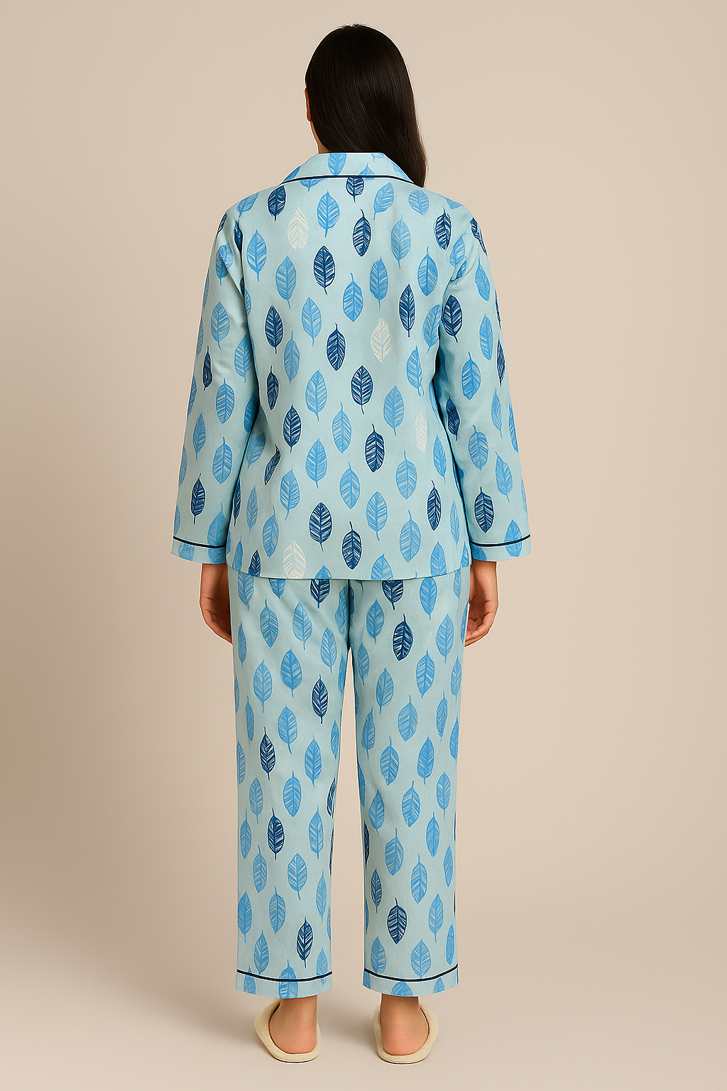 Blue Feather Cotton Flannel Long Sleeve Women's Night Suit