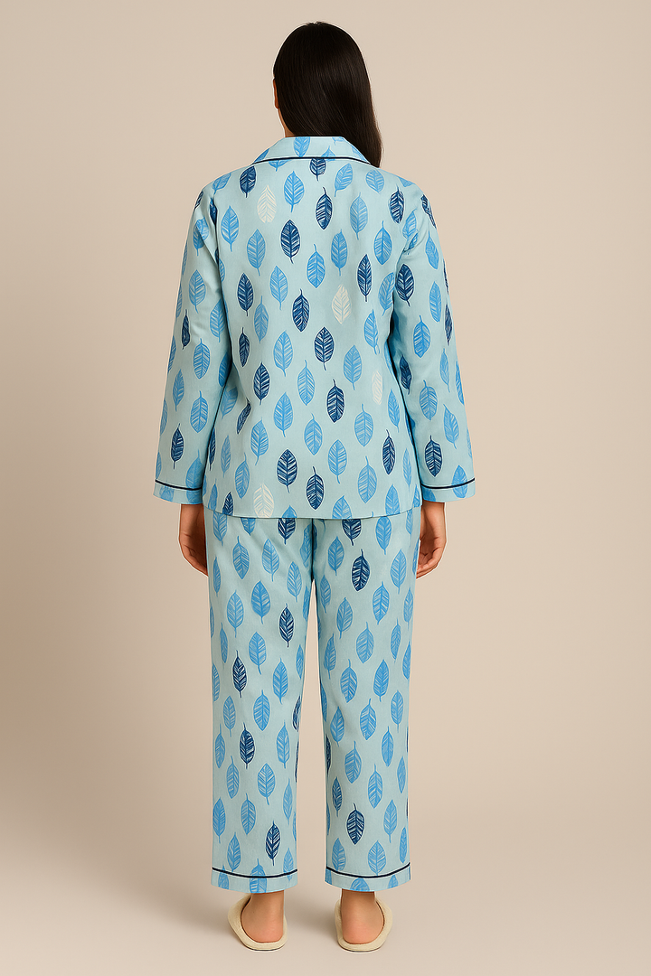 Blue Feather Cotton Flannel Long Sleeve Women's Night Suit