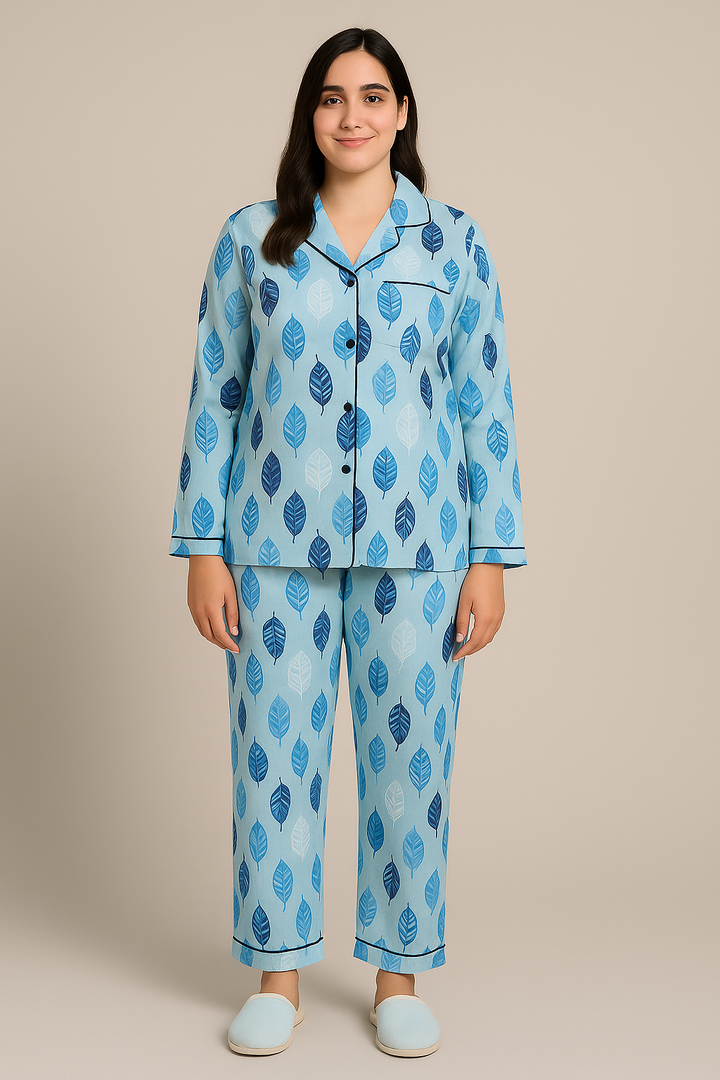 Blue Feather Cotton Flannel Long Sleeve Women's Night Suit
