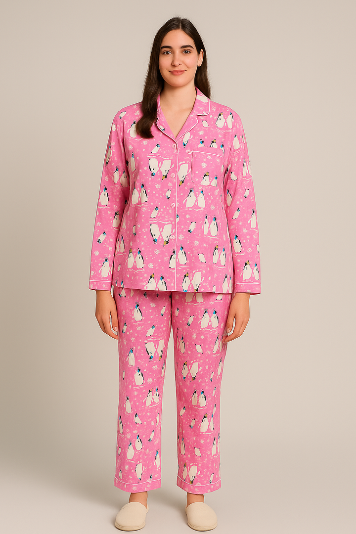 Bright Pink Penguin Cotton Flannel Long Sleeve Women's Night Suit