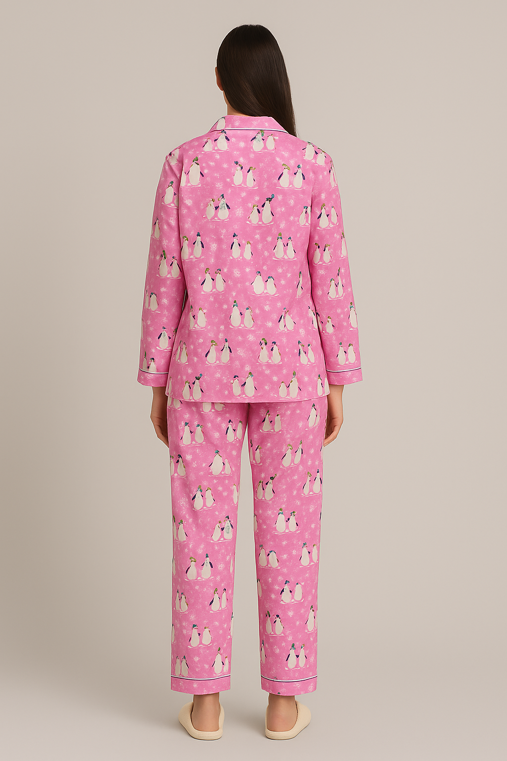Bright Pink Penguin Cotton Flannel Long Sleeve Women's Night Suit