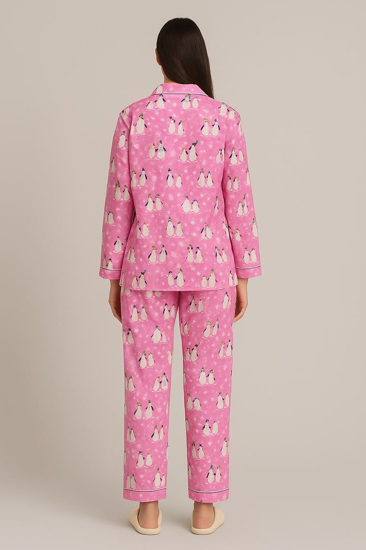 Bright Pink Penguin Cotton Flannel Long Sleeve Women's Night Suit