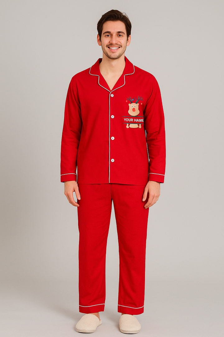 Men's Customized Name Reindeer Print Long Sleeve Night Suit