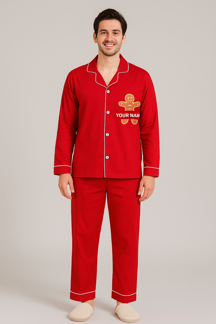 Men's Customized Name Gingerbread Print Long Sleeve Night Suit