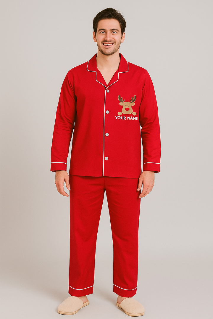 Men's Customized Name Christmas Reindeer Print Long Sleeve Night Suit