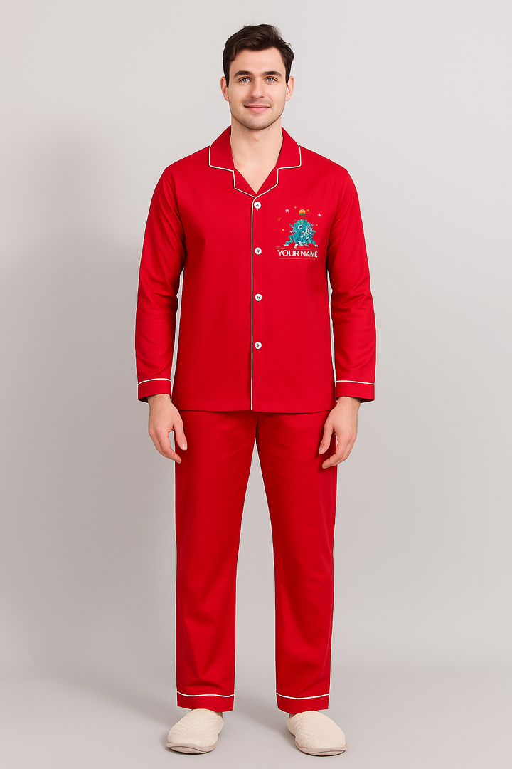 Men's Customized Name Christmas Tree Print Long Sleeve Night Suit