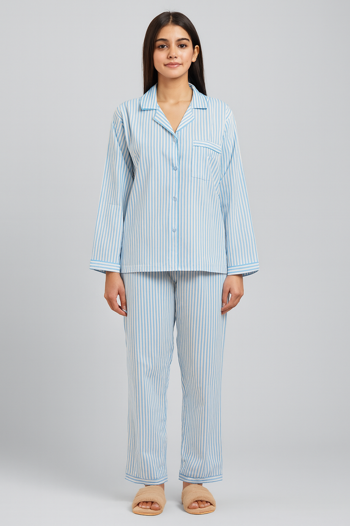 Light Blue Stripe Long Sleeve Women's Night Suit
